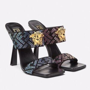 Versace X Fendi Calfskin Crystal Fendace FF Medusa High Heel Mule Sandals